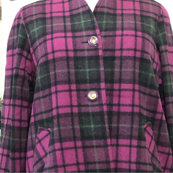 Vintage 90s Emily in Paris style dark magenta plaid pea coat sz XL - Picture 6 of 9